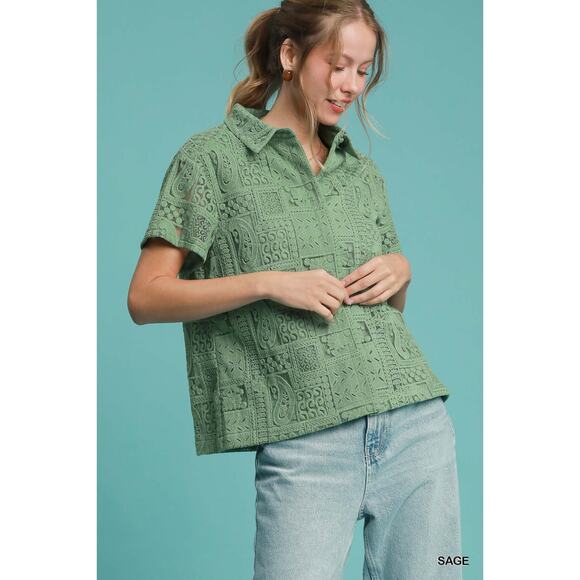 Umgee Lace Patches Detail Short Sleeves Button Down Relaxed Fit Shirt | Sage - Picture 4 of 7